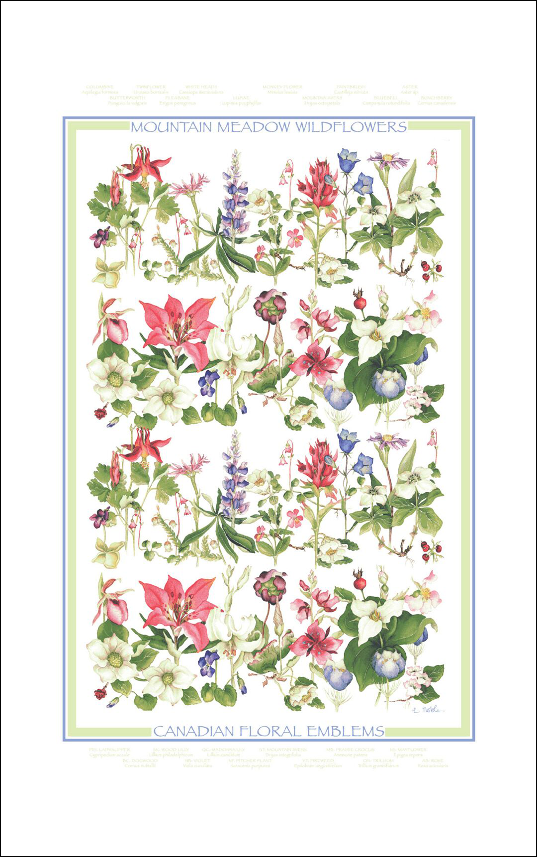 Mountain Meadow Wildflowers Canadian Floral Emblems direct to garment printed tea towel, 100% cotton kitchen towel
