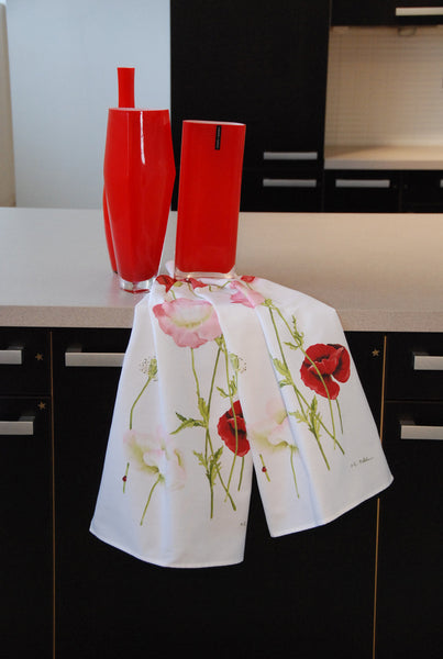 Shirley Poppies direct to garment printed tea towel, 100% cotton, Canadian artist